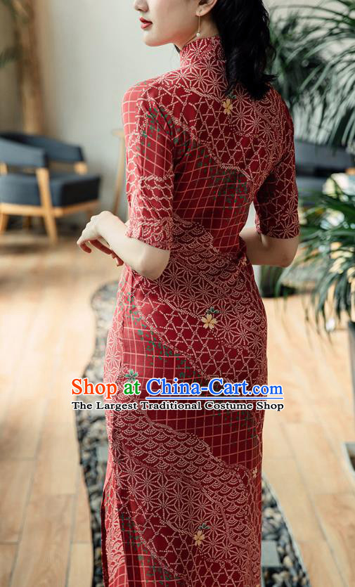 Republic of China Red Silk Cheongsam Costume Traditional Minguo Shanghai Beauty Qipao Dress