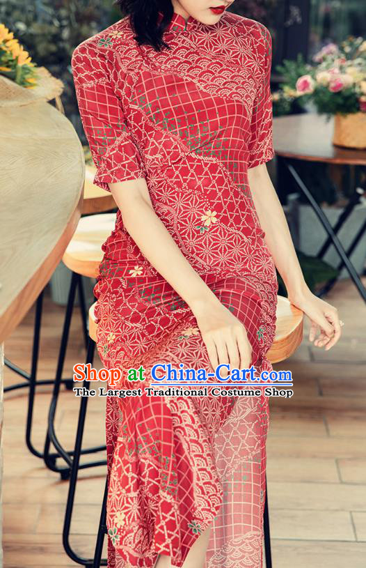 Republic of China Red Silk Cheongsam Costume Traditional Minguo Shanghai Beauty Qipao Dress