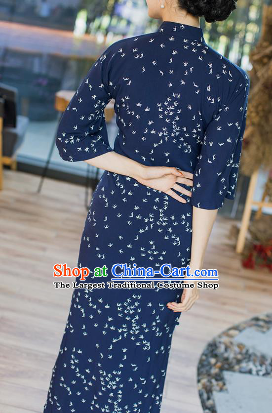 Republic of China Ruffle Sleeve Cheongsam Costume Traditional Minguo Printing Swallow Deep Blue Qipao Dress