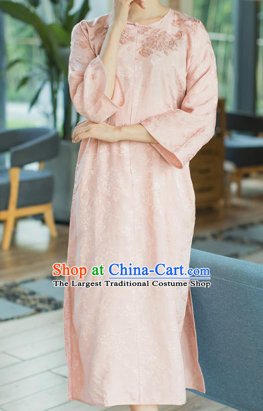 Republic of China Slant Opening Cheongsam Costume Traditional Minguo Pink Brocade Qipao Dress