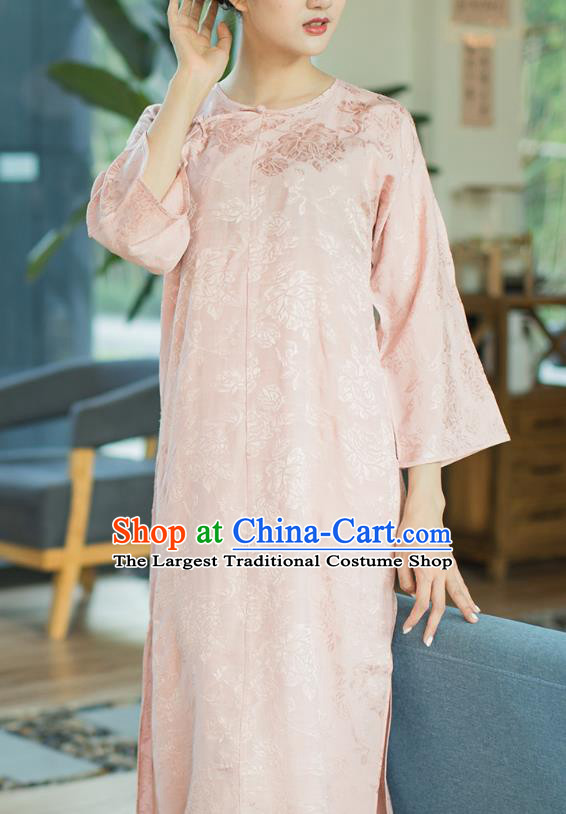 Republic of China Slant Opening Cheongsam Costume Traditional Minguo Pink Brocade Qipao Dress