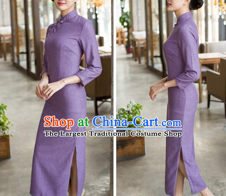 Republic of China Young Woman Cheongsam Costume Traditional Minguo Purple Flannel Qipao Dress