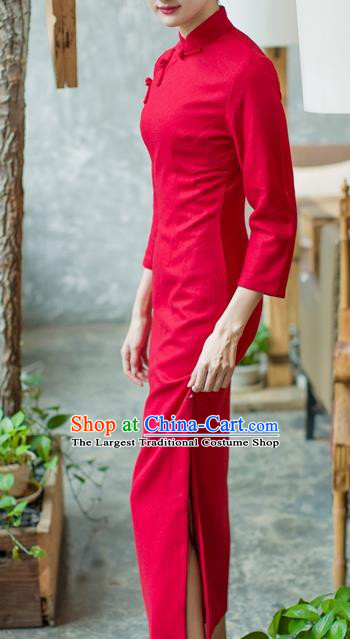 Republic of China Red Flannel Cheongsam Costume Traditional Minguo Young Lady Qipao Dress