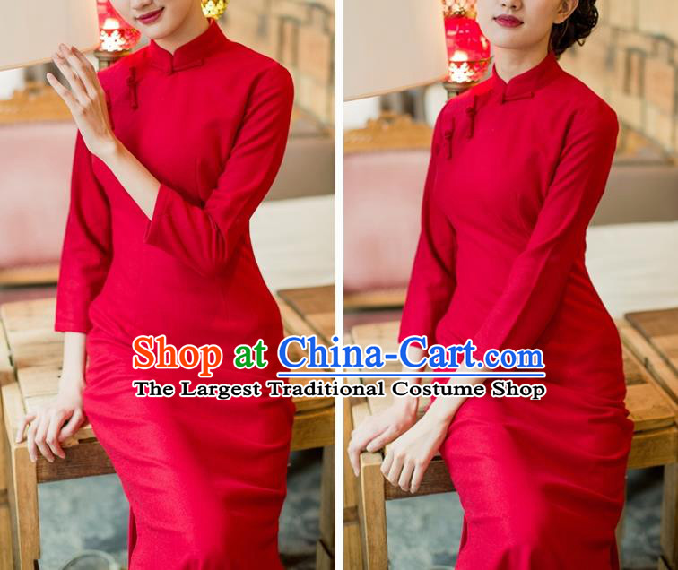 Republic of China Red Flannel Cheongsam Costume Traditional Minguo Young Lady Qipao Dress