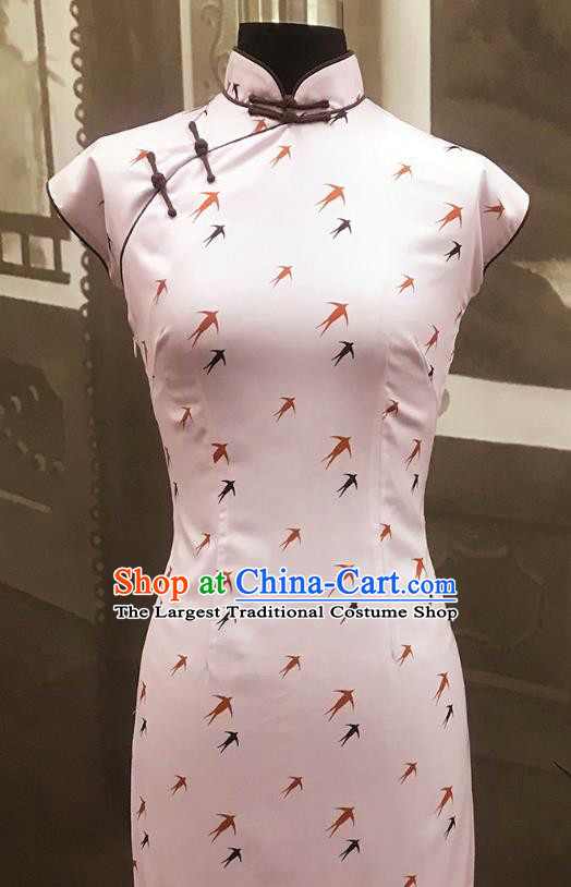 Republic of China Printing Swallow Pink Cheongsam Costume Traditional Minguo Shanghai Young Lady Qipao Dress
