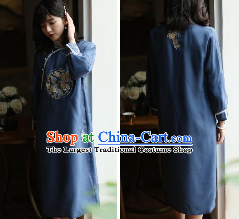 China Embroidered Navy Silk Cheongsam Costume Traditional Stage Performance Qipao Dress