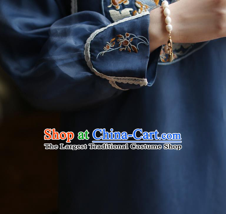 China Embroidered Navy Silk Cheongsam Costume Traditional Stage Performance Qipao Dress