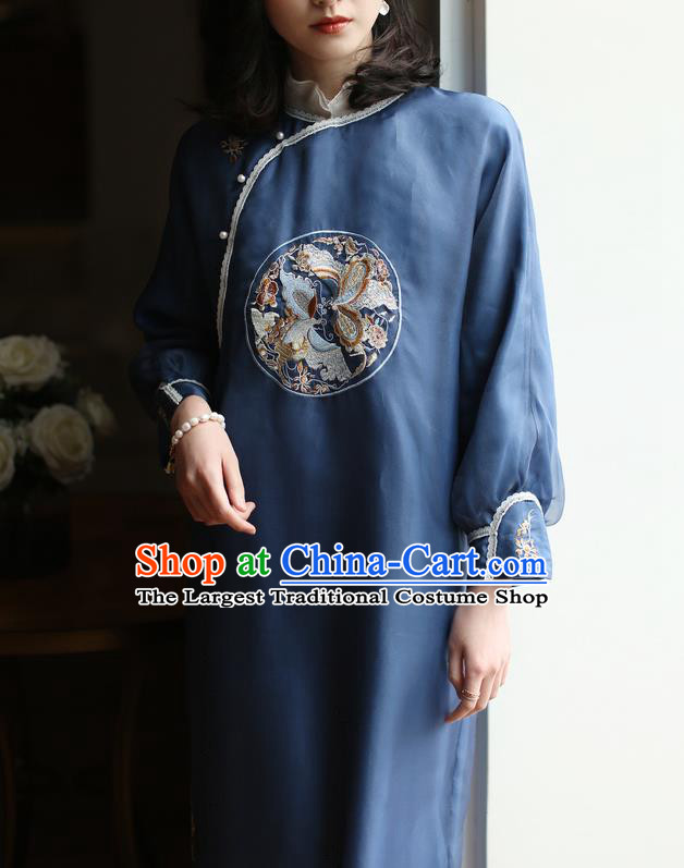 China Embroidered Navy Silk Cheongsam Costume Traditional Stage Performance Qipao Dress