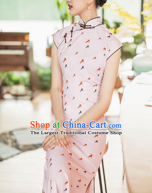 Republic of China Printing Swallow Pink Cheongsam Costume Traditional Minguo Shanghai Young Lady Qipao Dress