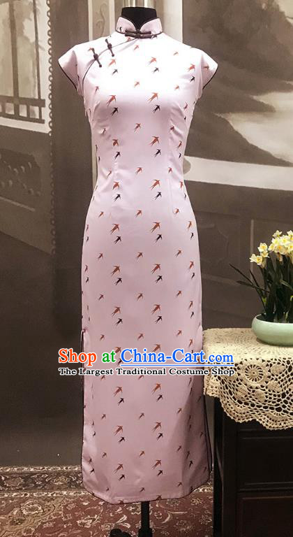 Republic of China Printing Swallow Pink Cheongsam Costume Traditional Minguo Shanghai Young Lady Qipao Dress