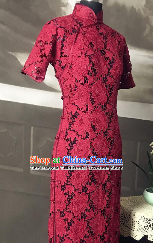 Republic of China Red Peony Lace Cheongsam Costume Traditional Minguo Shanghai Mother Qipao Dress