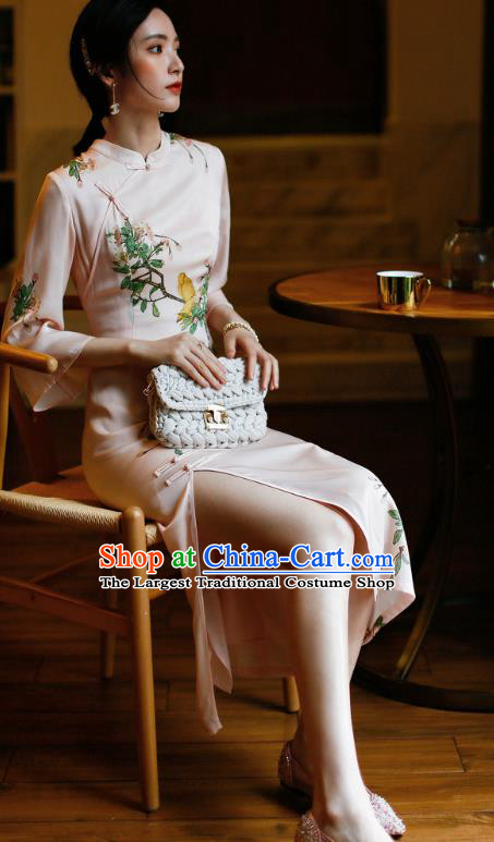 China Modern Dance Cheongsam Costume Traditional Young Woman Printing Pink Silk Qipao Dress
