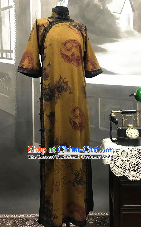 Republic of China Printing Phoenix Cheongsam Costume Traditional Minguo Ginger Gambiered Guangdong Gauze Qipao Dress