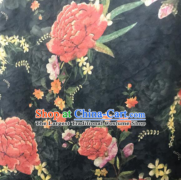 Republic of China Gambiered Guangdong Gauze Cheongsam Costume Traditional Minguo Printing Peony Black Silk Qipao Dress