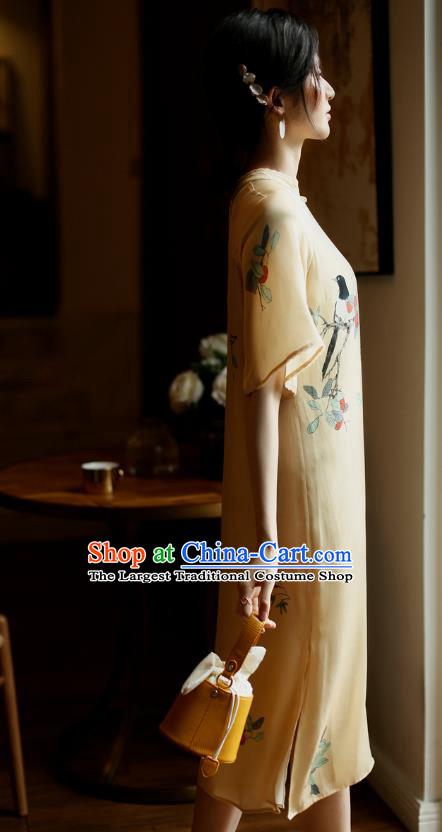 China Young Woman Modern Dance Cheongsam Costume Traditional Printing Yellow Silk Qipao Dress