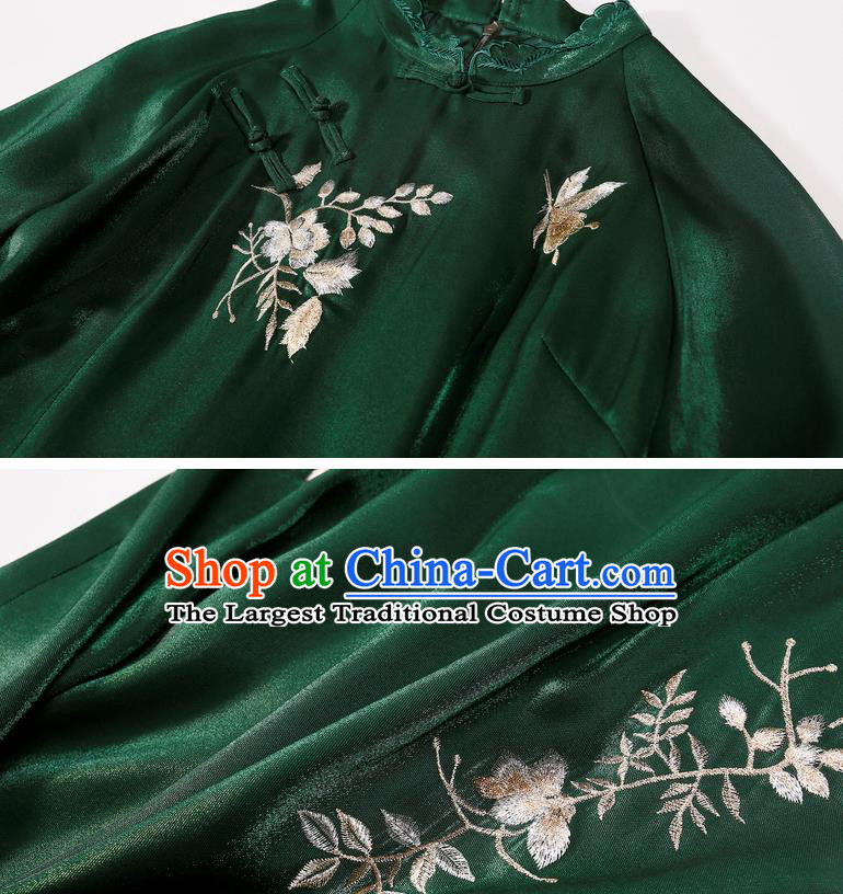 China Modern Deep Green Cheongsam Costume Traditional Young Lady Embroidered Qipao Dress