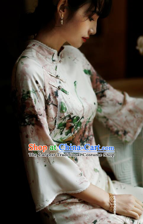 China Classical Printing Silk Cheongsam Costume Traditional Young Lady Qipao Dress