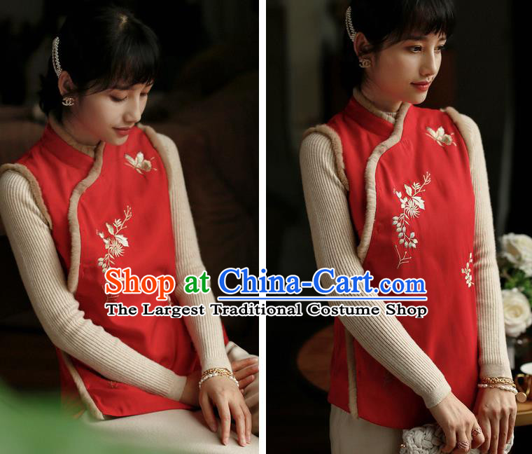 Chinese Traditional Winter Cotton Wadded Waistcoat National Embroidered Red Vest