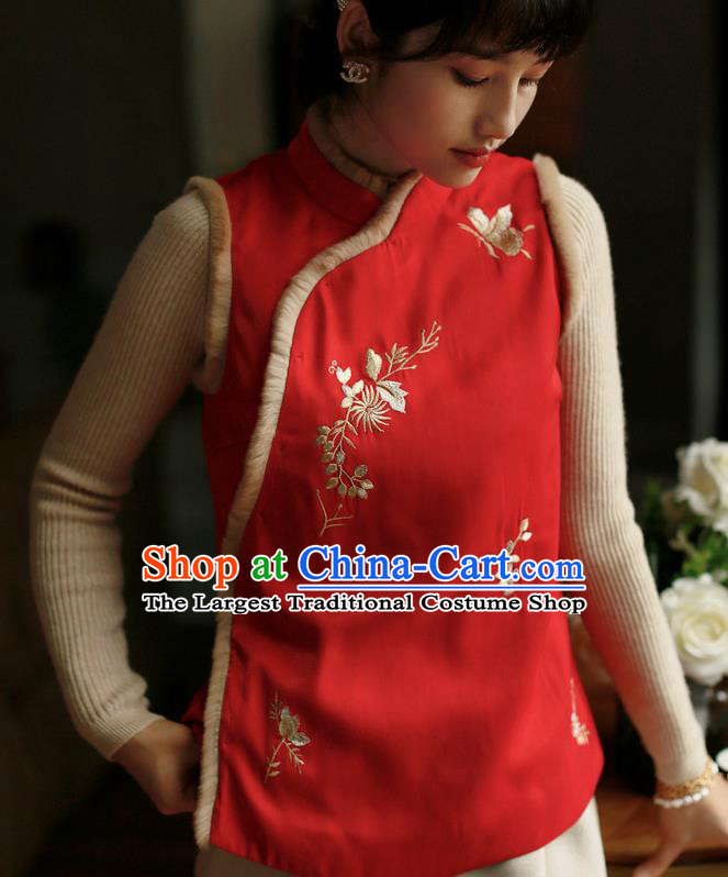 Chinese Traditional Winter Cotton Wadded Waistcoat National Embroidered Red Vest