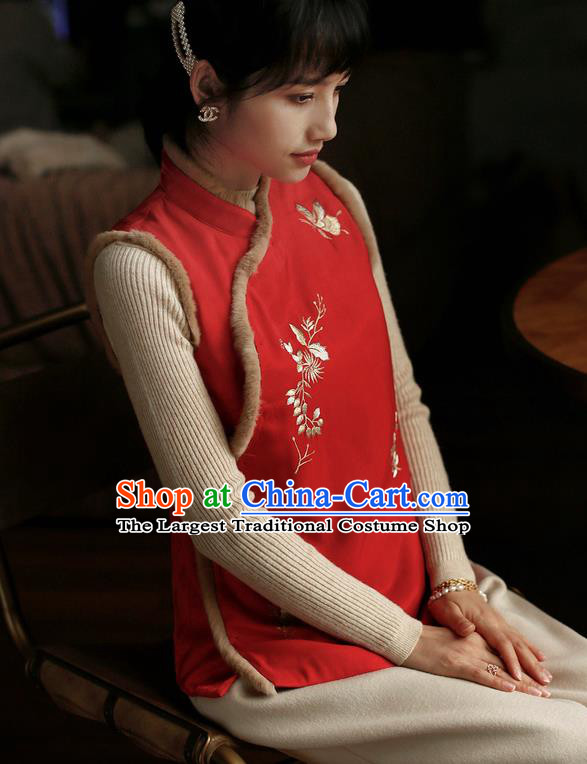 Chinese Traditional Winter Cotton Wadded Waistcoat National Embroidered Red Vest