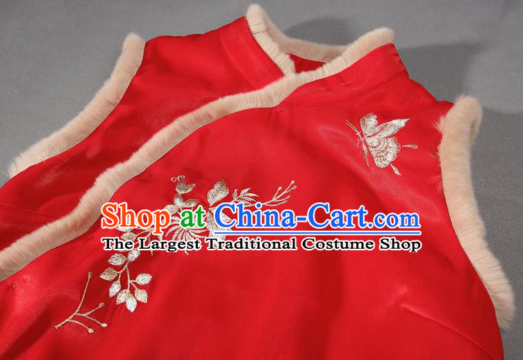 Chinese Traditional Winter Cotton Wadded Waistcoat National Embroidered Red Vest