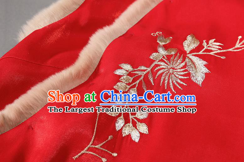 Chinese Traditional Winter Cotton Wadded Waistcoat National Embroidered Red Vest