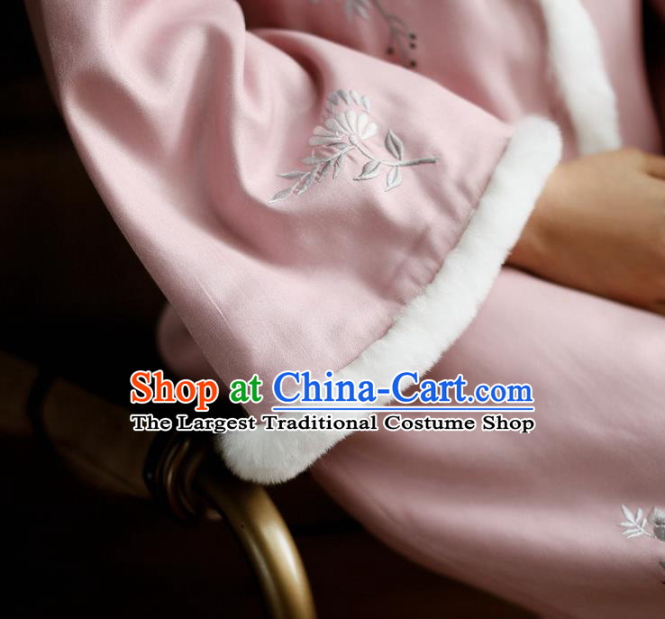 China Winter Pink Cheongsam Costume Traditional Young Lady Embroidered Cotton Wadded Qipao Dress