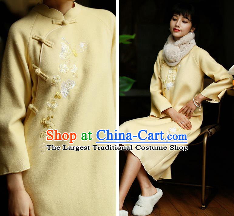 China Winter Yellow Woolen Cheongsam Costume Traditional Young Lady Embroidered Qipao Dress