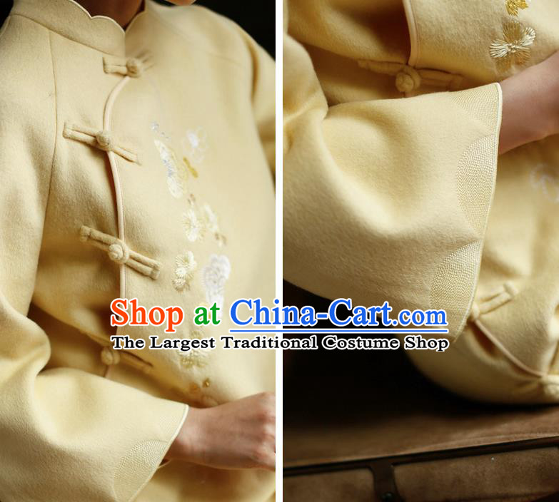 China Winter Yellow Woolen Cheongsam Costume Traditional Young Lady Embroidered Qipao Dress