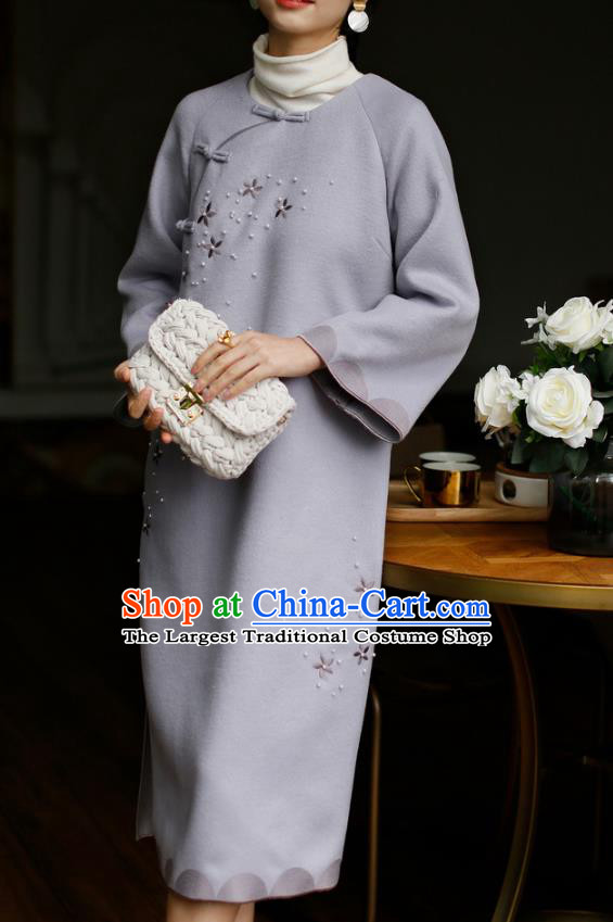 China Winter Purple Woolen Cheongsam Costume Traditional Young Lady Embroidered Qipao Dress