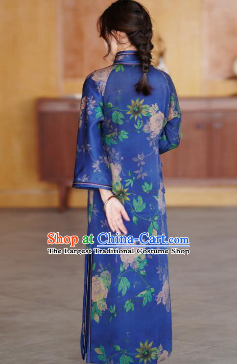 Top Grade Blue Silk Cheongsam Clothing Republic of China Classical Peony Pattern Design Qipao Dress