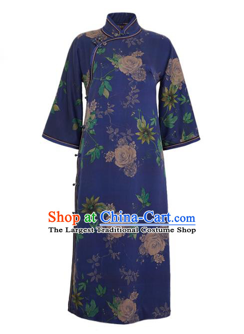 Top Grade Blue Silk Cheongsam Clothing Republic of China Classical Peony Pattern Design Qipao Dress