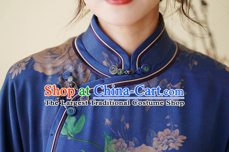 Top Grade Blue Silk Cheongsam Clothing Republic of China Classical Peony Pattern Design Qipao Dress