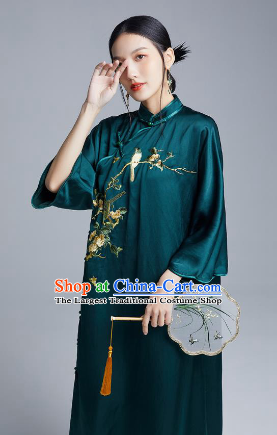 China Classical Embroidered Flowers Bird Cheongsam Costume Traditional Young Lady Atrovirens Silk Qipao Dress