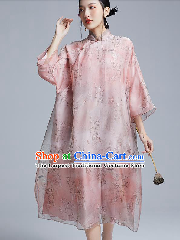 China Classical Printing Pink Organdy Cheongsam Costume Traditional Young Lady Loose Qipao Dress