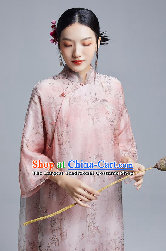 China Classical Printing Pink Organdy Cheongsam Costume Traditional Young Lady Loose Qipao Dress