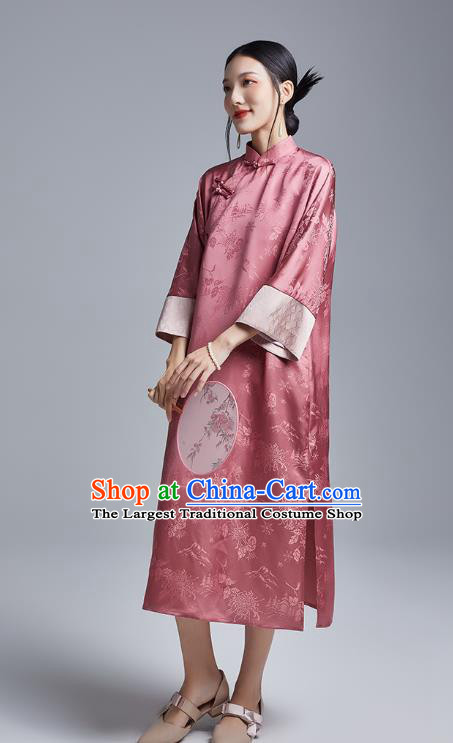 China Classical Deep Pink Silk Cheongsam Costume Traditional Young Lady Loose Brocade Qipao Dress