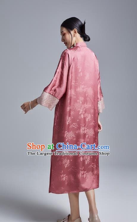China Classical Deep Pink Silk Cheongsam Costume Traditional Young Lady Loose Brocade Qipao Dress