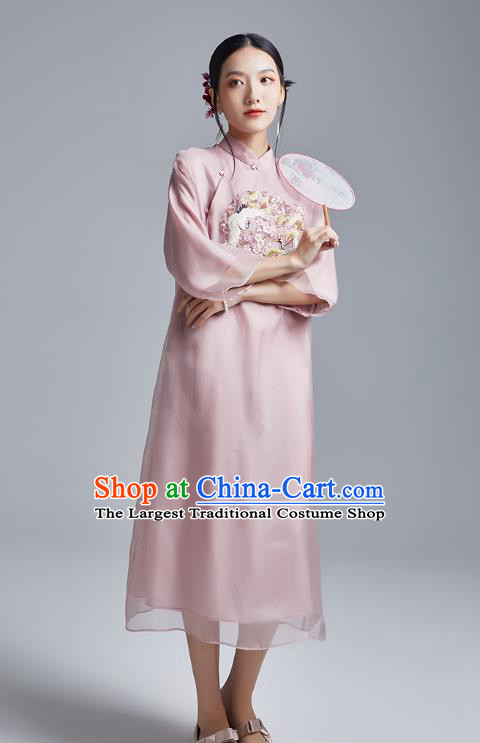 China Classical Pink Organdy Cheongsam Costume Traditional Young Lady Embroidered Cranes Qipao Dress