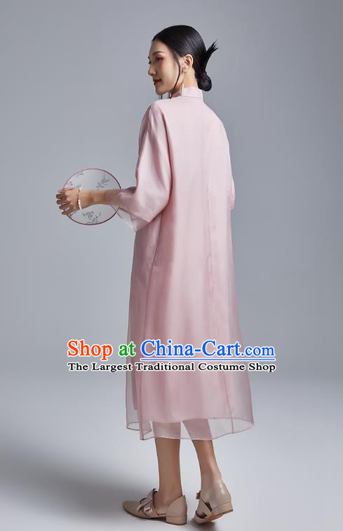 China Classical Pink Organdy Cheongsam Costume Traditional Young Lady Embroidered Cranes Qipao Dress