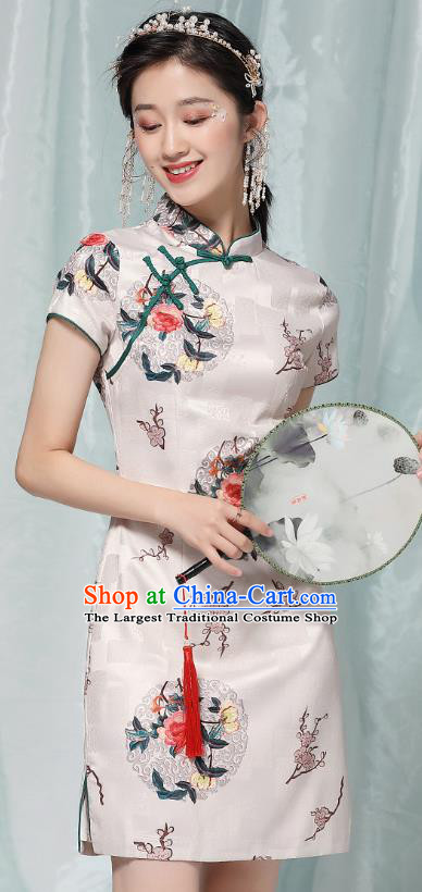 Chinese National Printing Peony White Brocade Qipao Dress Traditional Tang Suit Short Cheongsam Costume