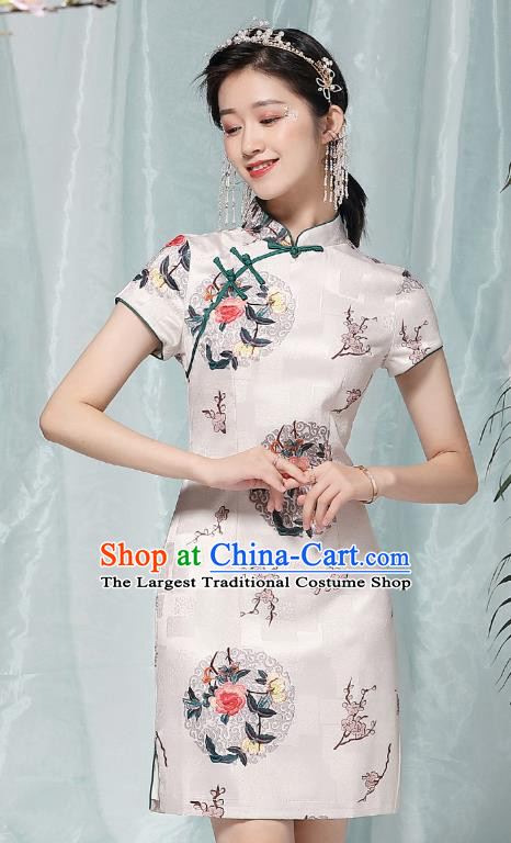 Chinese National Printing Peony White Brocade Qipao Dress Traditional Tang Suit Short Cheongsam Costume