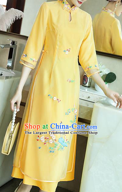 Chinese Stand Collar Qipao Dress Zen Costume Traditional Tang Suit Embroidered Yellow Organdy Cheongsam