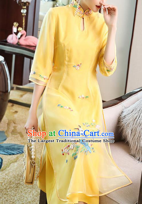 Chinese Stand Collar Qipao Dress Zen Costume Traditional Tang Suit Embroidered Yellow Organdy Cheongsam