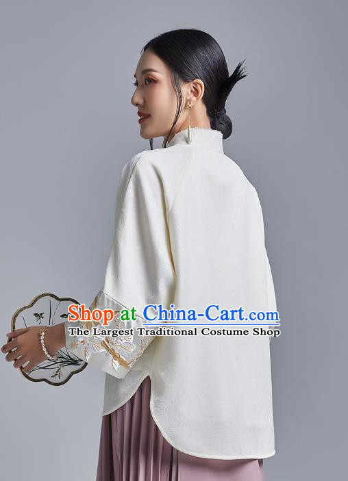 Chinese Traditional Tang Suit Shirt Upper Outer Garment Classical Cheongsam Embroidered Phoenix White Blouse