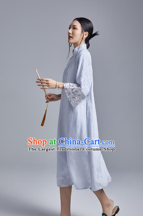 China Classical Embroidered Brocade Cheongsam Costume Traditional Young Lady Blue Silk Qipao Dress