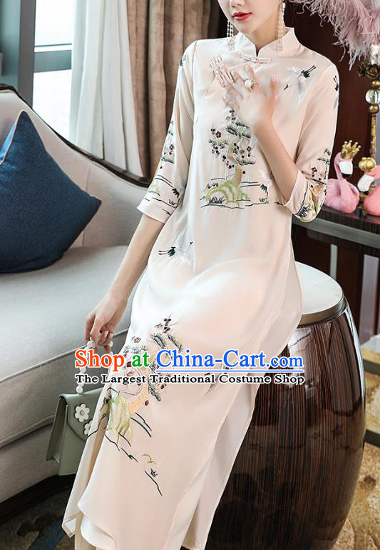 Chinese Traditional Tang Suit Embroidered White Cheongsam Stand Collar Qipao Dress Zen Costume