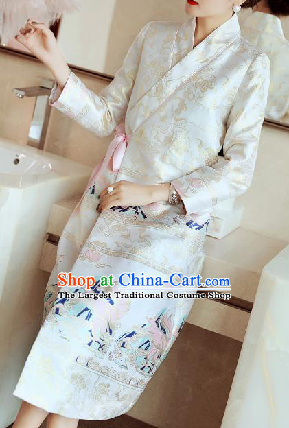 Chinese Traditional Woman Qipao Dress Tang Suit White Brocade Cheongsam Costume