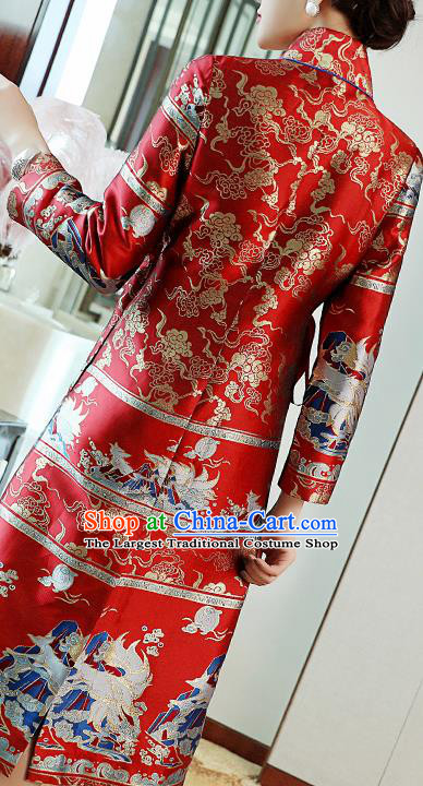 Chinese Tang Suit Red Brocade Cheongsam Costume Traditional Woman Qipao Dress