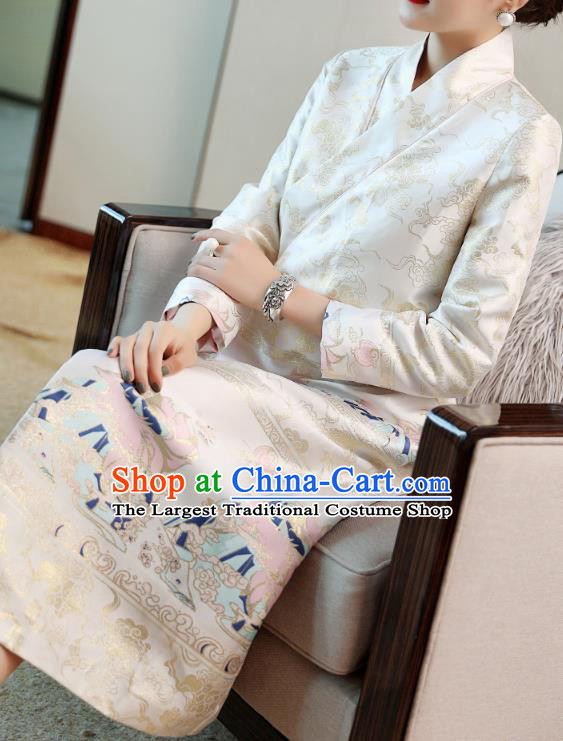 Chinese Traditional Woman Qipao Dress Tang Suit White Brocade Cheongsam Costume